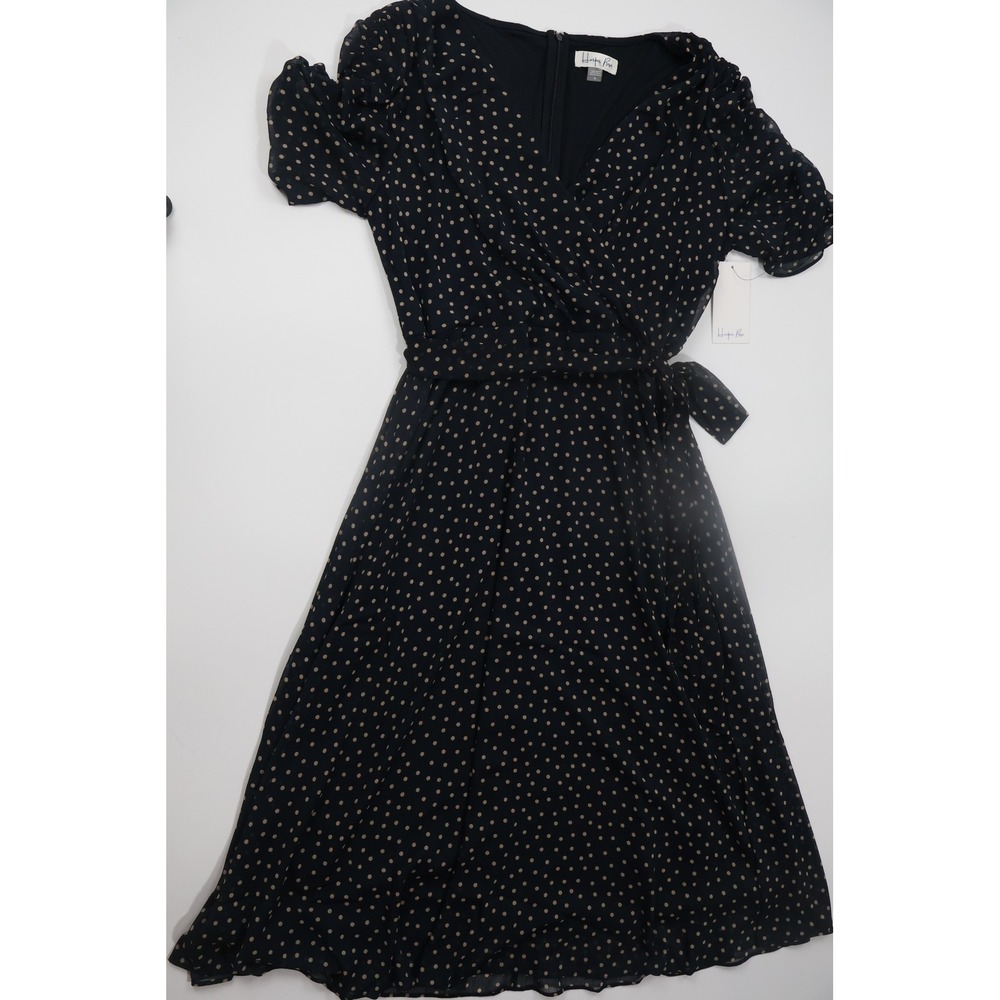Harper Rose Midi Dress Polka Dot Tie Waist 16 Navy Ruffle Sleeve Retail $99